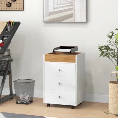 HOMCOM Bloco de Gavetas para Escritório com 4 Rodas 3 Gavetas e 1 Bandeja Amovível Carga 30 kg 43x40x66,5 cm Branco e Natural