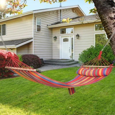 Outsunny Cotton Hammock Soft Portable Swing Sleeping with Headrest & Side Pocket - Deluxe Swing Chair for Beach, Yard, Bedroom, Patio, Porch, Indoor, Outdoor, 270 x 80 cm
