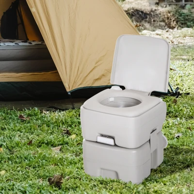 HOMCOM Sanita Portátil Sanita de 20L com Tampa para Campismo Viagem Barco Capacidade Máxima 147 kg 41,5x36,5x42 cm Cinza Claro