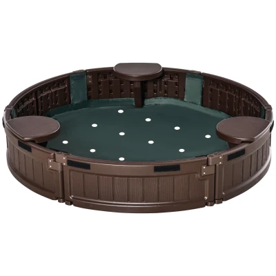 Outsunny Sand Pit Kids Outdoor Plastic Round Sandbox with Water-Resistant Oxford Cover and Bottom Fabric Liner for Ages 3-12, Brown