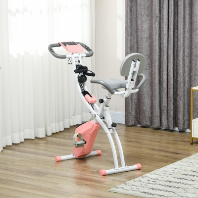 HOMCOM 2-in-1 Folding Exercise Bike with 8-Level Magnetic Resistance, Arm Resistance Band, Pulse Sensor, Pink