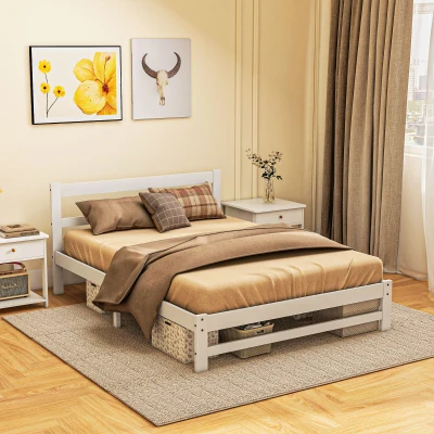 HOMCOM Estrutura de Cama de Madeira Estrado de Cama de Casal para Colchão 190x135 cm Carga 300 kg 195x141x80 cm Branco