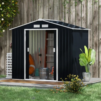 Outsunny Abrigo de Jardim 213x130x185cm Abrigo de Jardim Metálico de Exterior com 2 Portas Deslizantes e 4 Janelas Cinza Escuro