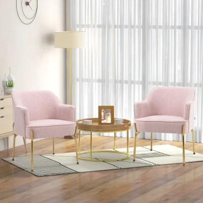 HOMCOM Accent Chair Set of 2 Pink Padded Seat Gold Legs