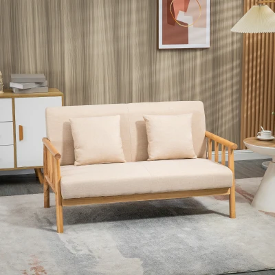 HOMCOM Sofa 2-osobowa, Tapicerka w wyglądzie lnu, Kompaktowa, do 200 kg, Rama drewniana, 123Dł x 69Szer x 74Wys cm, Beżowa