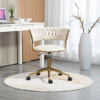 Design-Bürostuhl mit Bezug in Samtoptik, 360° drehbar, höhenverstellbar, bis 126kg belastbar, vergoldeter Fuß, Elfenbeinweiß