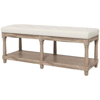 HOMCOM Bank met Opbergruimte, Vintage Ontwerp, Knoopstiksels, Rubberhout, 115x40x48cm, Crèmewit