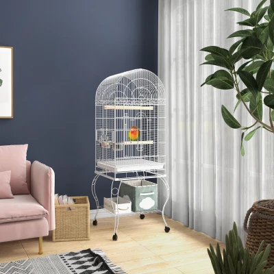PawHut Gaiola para Pássaros com Rodas Bandeja Amovível Prateleira 2 Comedouros de Aço Inoxidável e Poleiro 51x51x153 cm Branco
