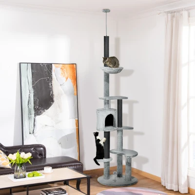 PawHut Drapak dla Kotów z Napinaczem Sufitowym, Hamakiem, Domkiem, Platformami, Piłką, 225-255cm, Szary