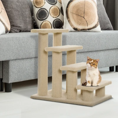 PawHut dierentrap, kattentrap, hondentrap, trap voor katten en honden, 4 treden, beige, 63,5 x 43 x 60 cm