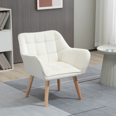 HOMCOM Fotel Tapicerowany, Akcentowy, Design Skandynawski, Wykończenie Aksamitne, do 120 kg, Nogi z Drewna Kauczukowego, Kremowy