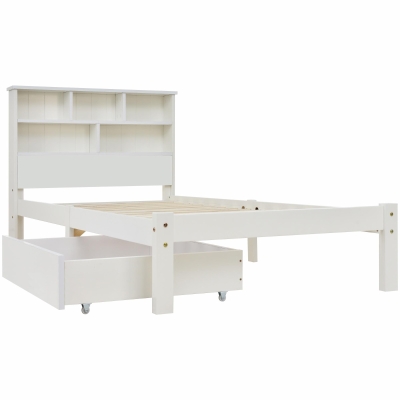 Single Wooden Storage Bed with Built-in Shelves and Underbed Drawer, White