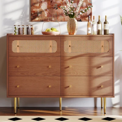 Vintage Finish Rattan Sideboard Cabinet with Storage Drawers, Walnut