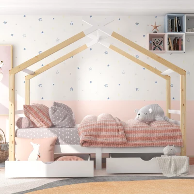 Children's House Tree Canopy Single Bed with Underbed Storage Drawers, Natural