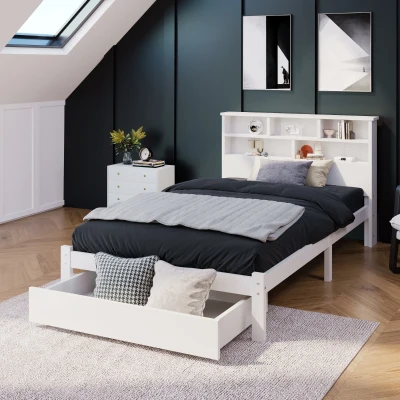 Single Wooden Storage Bed with Built-in Shelves and Underbed Drawer, White