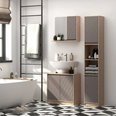 HOMCOM Conjunto de 1 Mueble para Debajo del Lavabo 1 Armario de Baño con Espejo y 1 Columna de Baño Roble y Gris