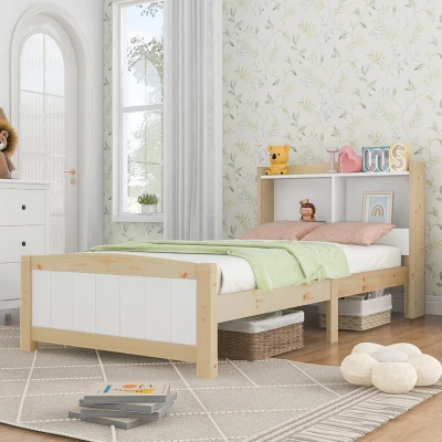 Solid Wooden Single Bed Frame with Storage Headboard, White
