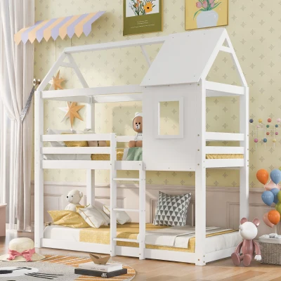 Children's Bunk Bed with Convertible Ladder and Window, White