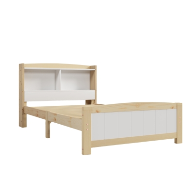 Solid Wooden Single Bed Frame with Storage Headboard, White