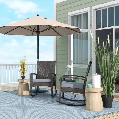 Outsunny Rattan Rocking Chair Set of 2 with Cushion Grey