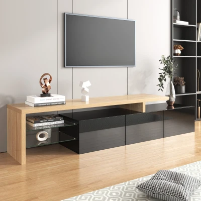 Meuble TV moderne design scandinave avec grand espace de rangement, Naturel+Noir