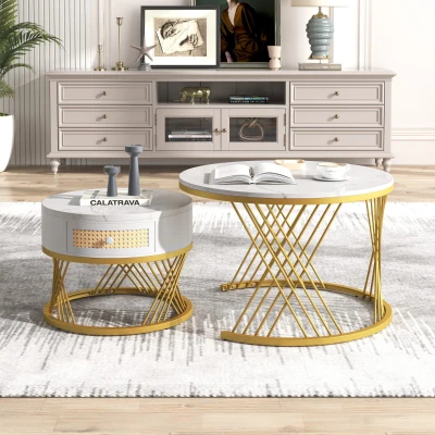 Table Basse Ronde Gigogne 2 en 1 en MDF avec Plateau Effet Marbre et Tiroirs en Rotin Synthétique, Blanc