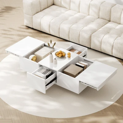 Table basse relevable blanc brillant avec structure de rangement pousser-tirer et double tiroir, Blanc