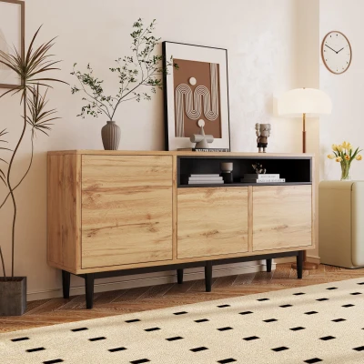 Crédence moderne en bois avec trois portes et étagères, Bois Naturel