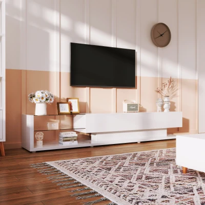 Meuble TV avec étagères en verre et éclairage LED, Blanc