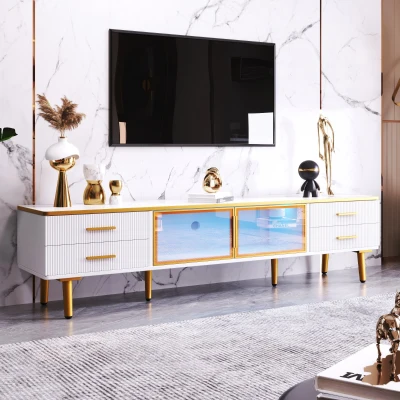 Meuble TV mobile en marbre avec 4 pieds, Blanc