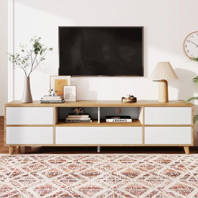Meuble TV bas style rustique avec compartiments, Blanc