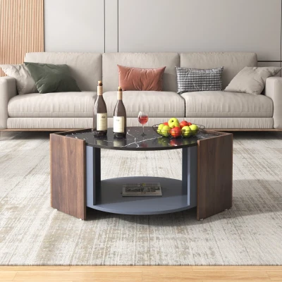 Table basse en marbre et noyer avec des lignes uniques, Noir et bois