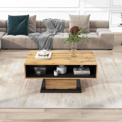 Table basse en chêne veiné avec tiroir sans poignées et rangement double face, gris foncé
