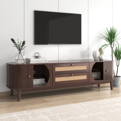 Meuble TV mobile en rotin avec portes et tiroirs, Naturel