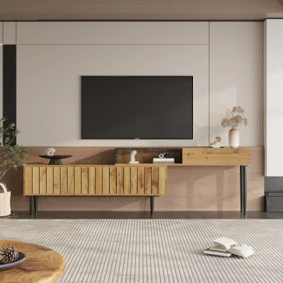 Meuble TV moderne mobile avec design en marbre et veinure de bois, Bois Naturel
