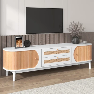 Meuble TV mobile rustique en rotin avec portes et tiroirs, Blanc