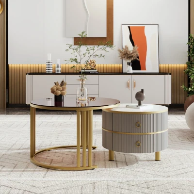 Table basse gigogne 2-en-1 en MDF avec plateau brillant et verre trempé, Gris
