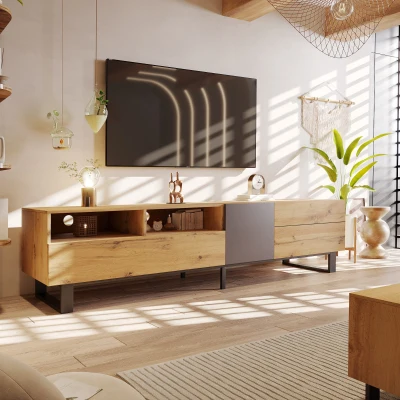 Meuble TV moderne scandinave avec veinures de bois et surface brillante, Noir