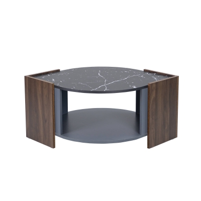 Table basse en marbre et noyer avec des lignes uniques, Noir et bois