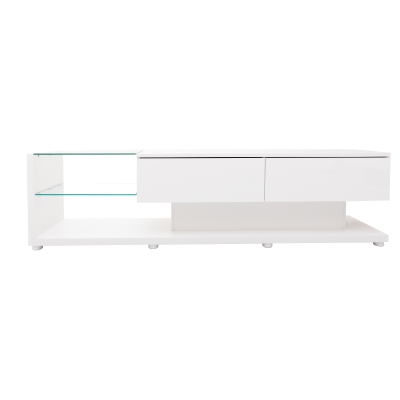 Meuble TV avec étagères en verre et éclairage LED, Blanc