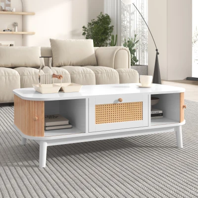 Table basse en rotin avec tiroirs et portes de style rustique naturel en solde, Blanc