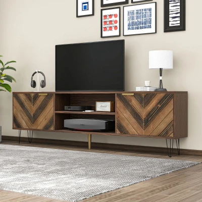 Meuble TV à roulette en bois massif avec 2 portes et 2 compartiments, Naturel