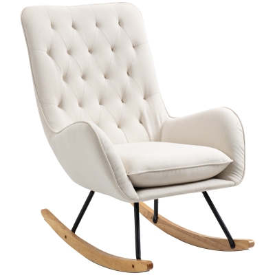 HOMCOM Schommelstoel in Scandinavisch design - Relaxfauteuil met knopsteekdetailing, 69 cm x 90 cm x 100 cm, Crème + Natuur + Zwart