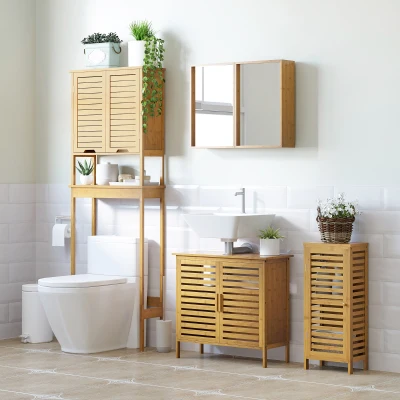 kleankin Badkamerkast met lamellendeur, verstelbare legplank, natuurlijk bamboe, 30x19,9x70 cm