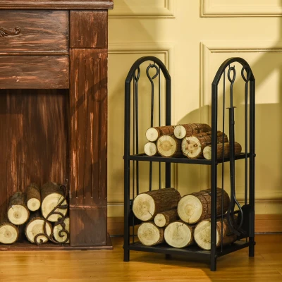 Outsunny brandhoutstandaard brandhoutplank met 4 extra brandhoutgereedschappen haardbestek 2-level design brandhoutplank brandhoutgereedschap metaal zwart 41,5 x 32,5 x 74,5 cm