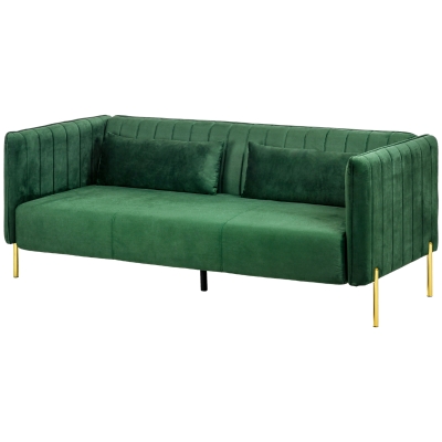HOMCOM Sofa Trzyosobowa, w zestawie 2 poduszki, wygląd weluru, Retro design, Pokrowiec zdejmowany, 195 cm x 88 cm x 76 cm, Zielony