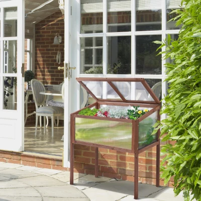 Outsunny Hochbeet aus Holz Frühbeet 90 x 50 x 93 cm Gewächstisch mit Abdeckung wetterfes Kräuterbeet Pflanzkasten für Garten, Balkon und Terrasse Braun