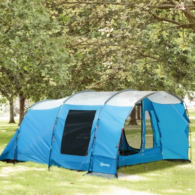 Outsunny Campingtent voor 5 personen, 2 kamers, verwijderbaar tussenschot, weerbestendig, incl. transporttas, blauw+zwart