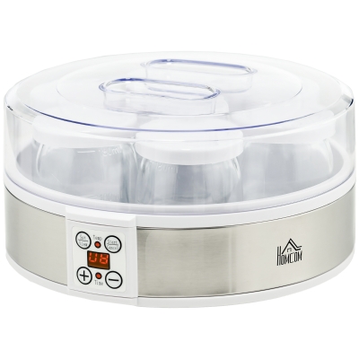 HOMCOM Yoghurtmaker Yoghurtmachine, inclusief 7 glazen, roestvrij staal, 24 cm x 24 cm x 13 cm, zilver + wit