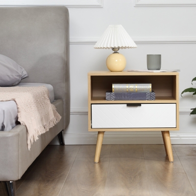 HOMCOM Mesa de Cabeceira de Estilo Moderno Mesa Auxiliar com 1 Gaveta e 1 Prateleira Aberta para Quarto 50x39,5x49,5 cm Natural